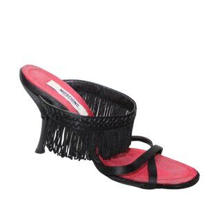 Vintage 90s Moschino Womens Mule Sandals Size 36 Black Satin Fringe Flapper